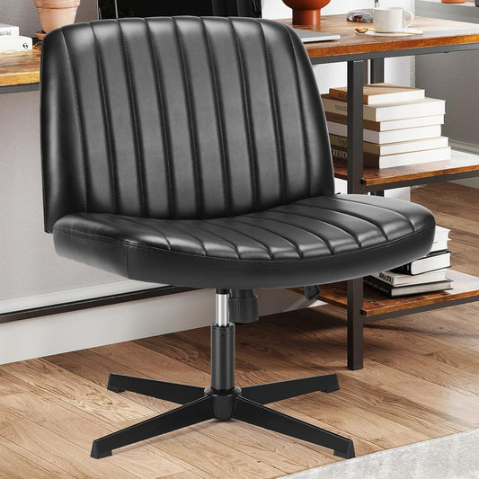 Criss Cross Chair Legged, PU Leather Armless Office Swivel Desk Chairs No Wheels, Vanity Height Adjustable Wide Seat Faux Leather Computer Task Chair for Home Bedroom, Pu-Black