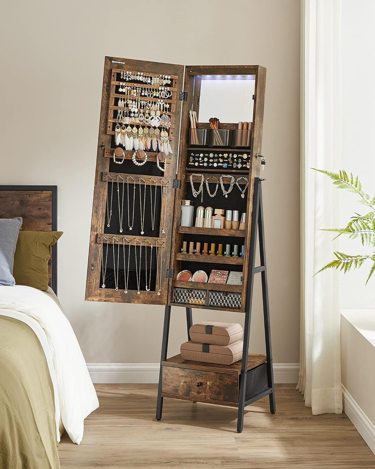 LED Cabinet Standing, Lockable Jewelry Armoire with Full-Length Mirror, Space-Saving Jewelry Organizer with Mirror, Bottom Drawer and Shelf, Gift Idea, Rustic Brown UJJC025X01