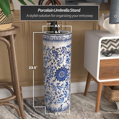 24" Floral Blue & White Porcelain Umbrella Stand