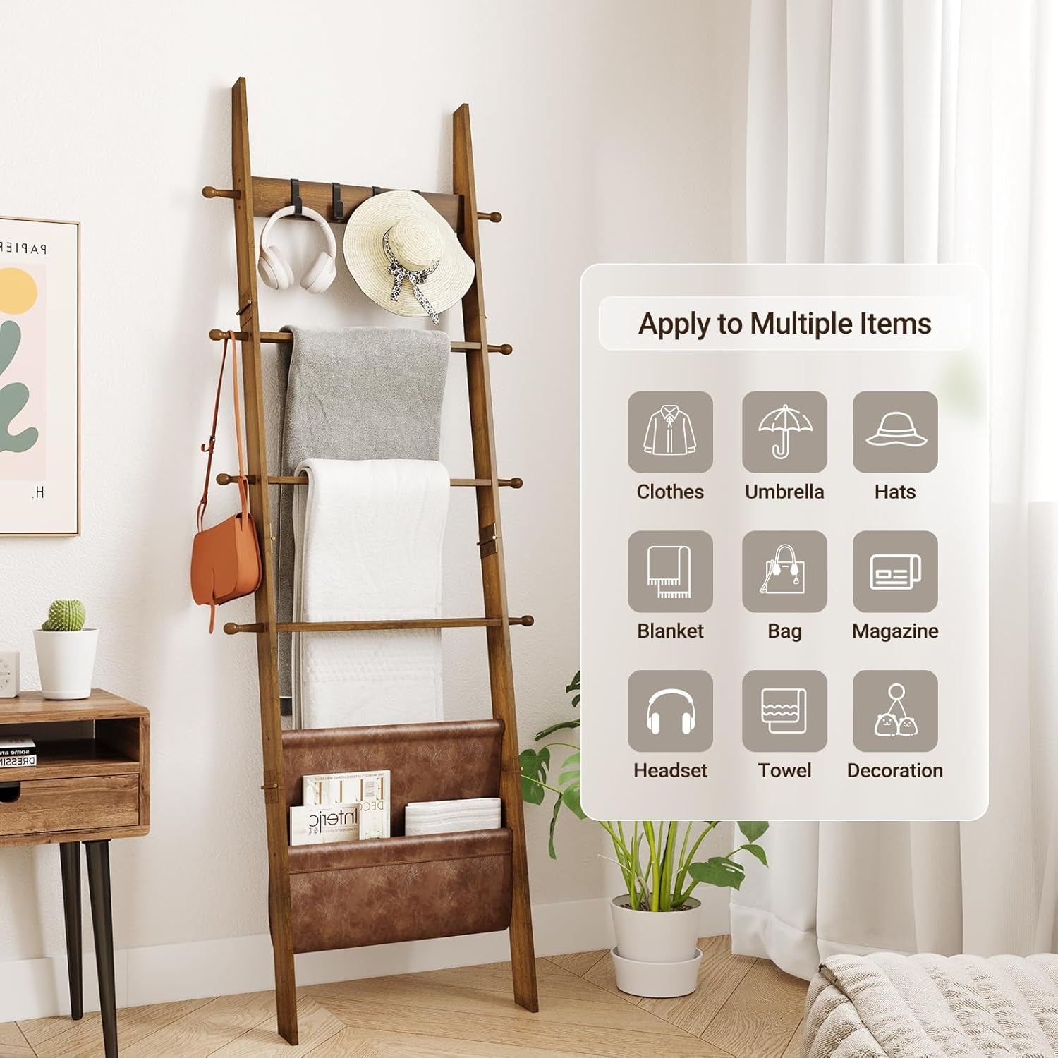 Blanket Ladder, 5-Tier Farmhouse Wooden Rack with Synthetic Leather Pocket, 4 Removable Hooks, Decorative Leaning Ladder Shelf, Walnut