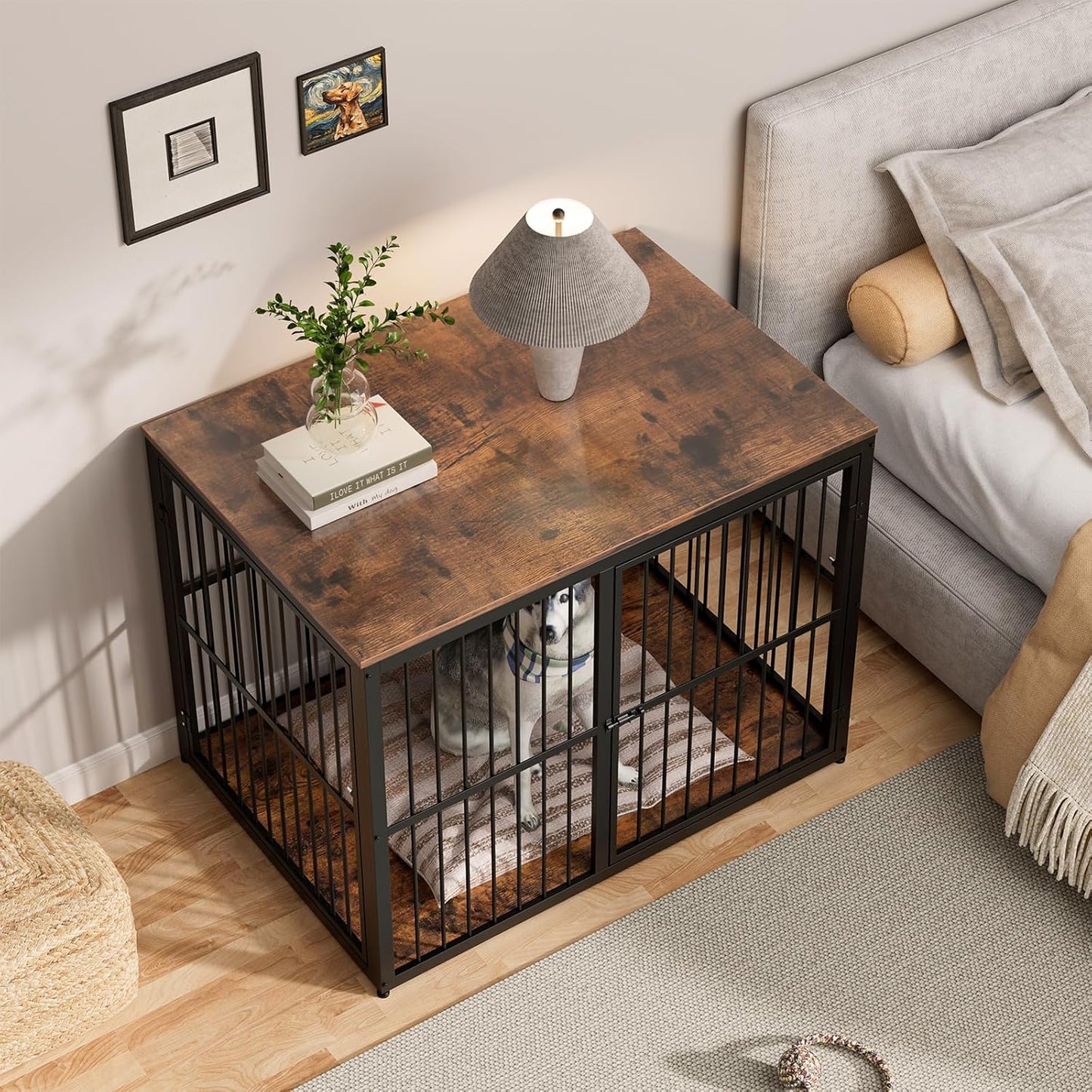 43'' XL Dog Crate Furniture with 3 Doors, Wooden Crate Combination Pet Cage, Heavy Duty Indoor Kennel for Medium to Large Dogs, Brown