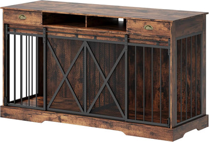 63" Large Dog Crate Furniture, Heavy Duty Indoor Dog Kennel with Removable Divider, Sliding Doors, 2 Drawers and Open Shelves, Decorative TV Stand, Rustic Brown