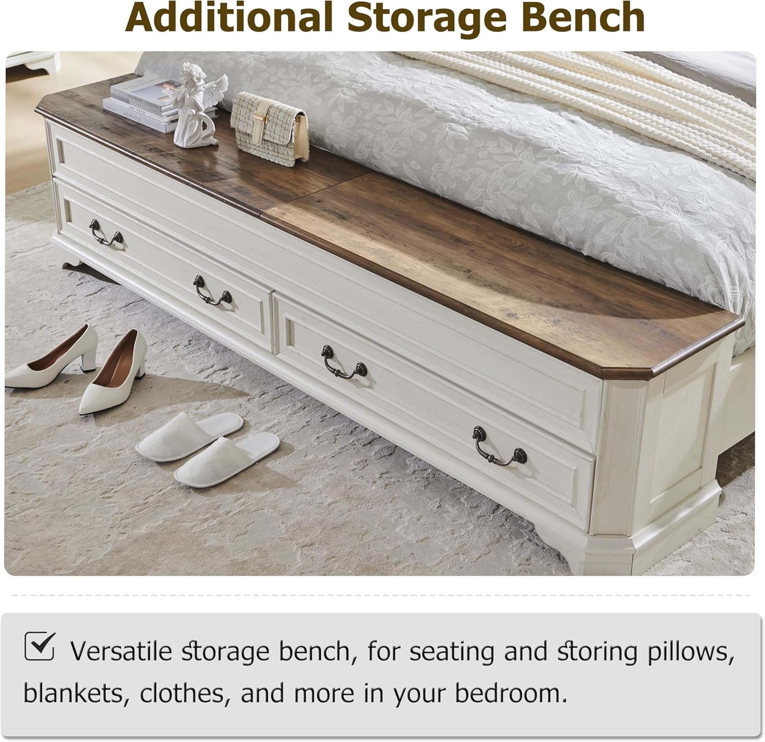 Farmhouse King Bed with Headboard and Storage Bench, Rustic Wood Platform Bed with 80" Storage Chest W/ 4 Large Drawer (Antique White)