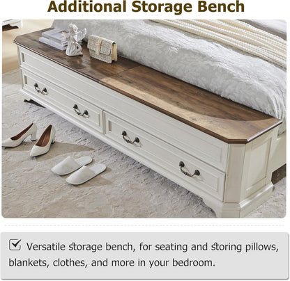 Farmhouse King Bed with Headboard and Storage Bench, Rustic Wood Platform Bed with 80" Storage Chest W/ 4 Large Drawer (Antique White)