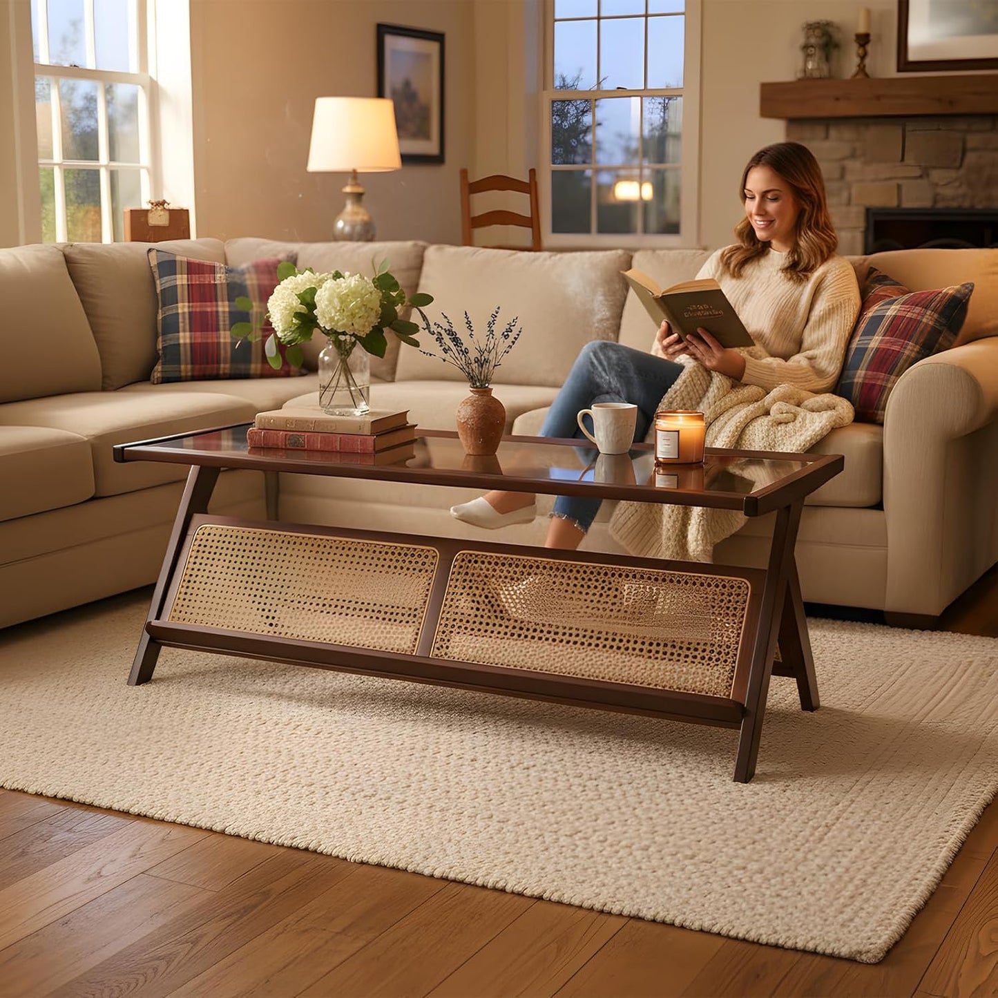 Rattan Coffee Table, Bamboo Accent Bedside Tables, Glass Nightstand Side Table, Boho Wooden End Table with Storage for Living Room,Living Room, Dining Room, Tea, Home Décor