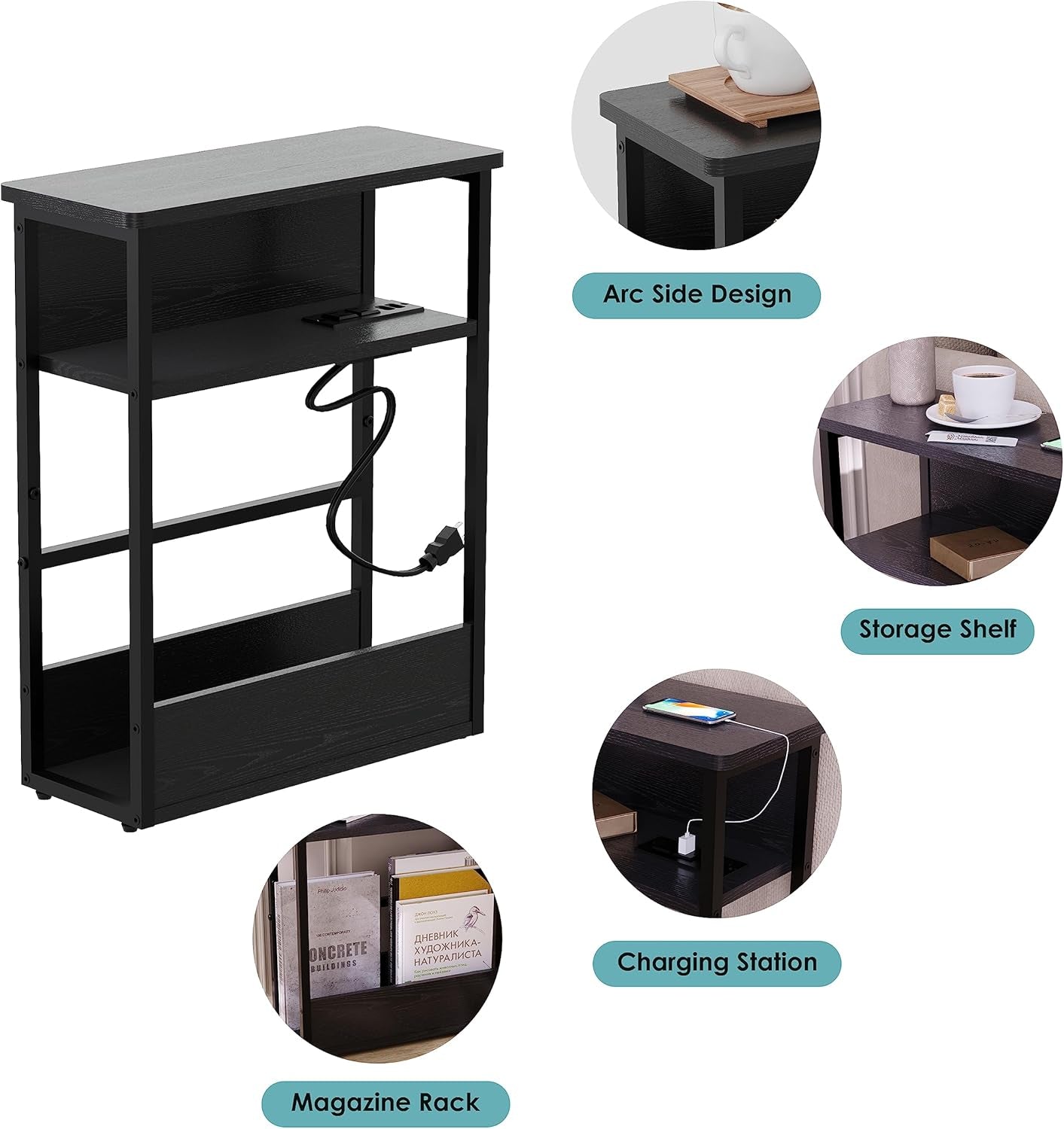 Narrow Side Table with Charging Station, 3 Tier Slim End Table for Small Spaces, 23.6 Inch Height Thin Tables with Storage Shelf and Magazine Rack for Living Room, Black