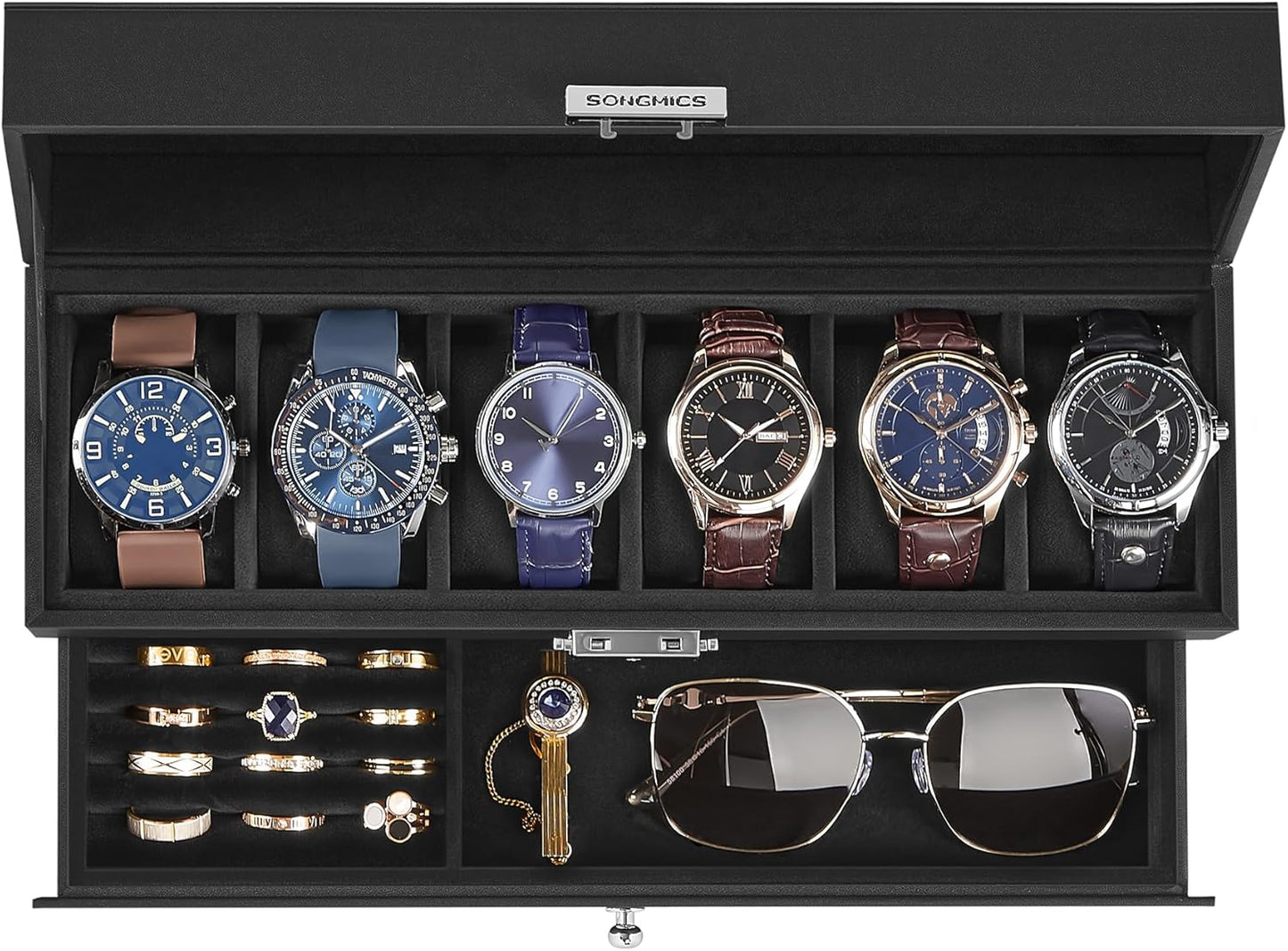 Watch Box, 20-Slot Watch Case Organizer with Large Glass Lid, Removable Pillows, Metal Lock, Gift for Loved Ones, Black Synthetic Leather, Wine Red Lining UJWB020R01