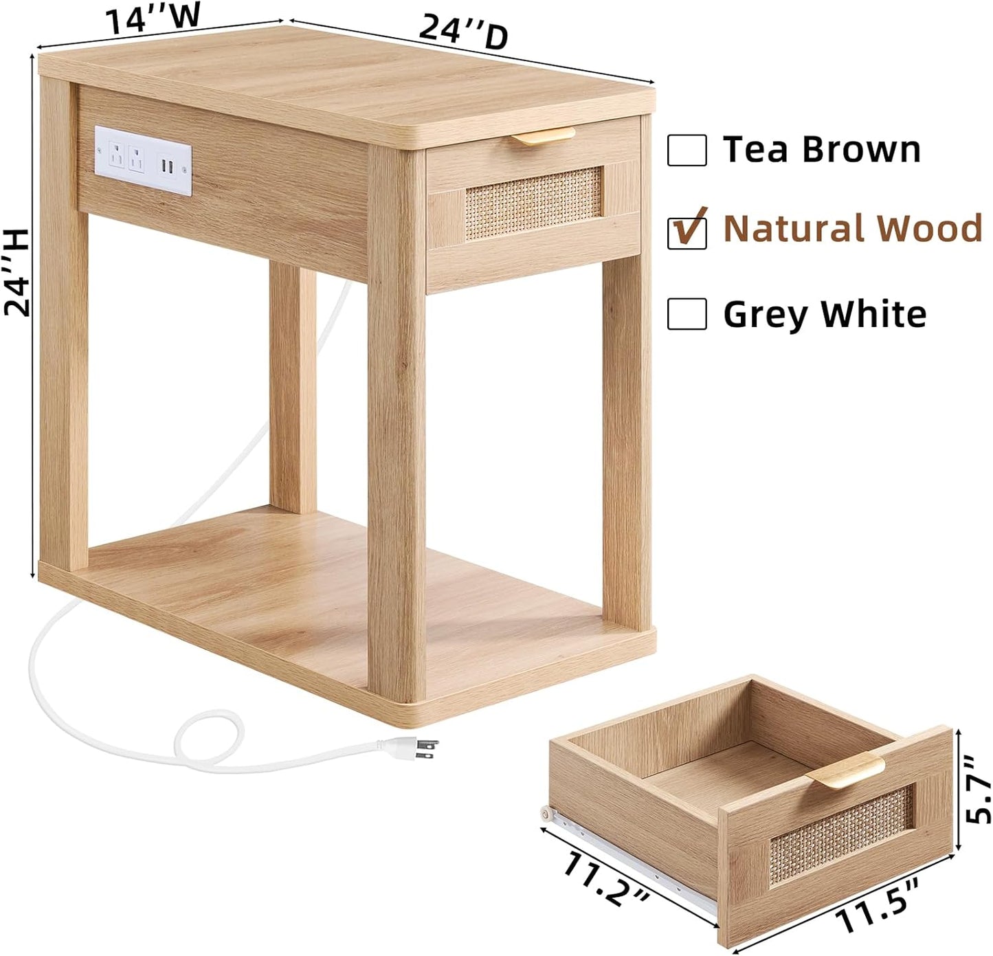 Narrow Side Table with Charging Station, 24X14''Rattan Night Stand with Drawer Storage, Natural Wood Bedside End Table for Small Spaces, Boho Nightstand for Living Room Bedroom