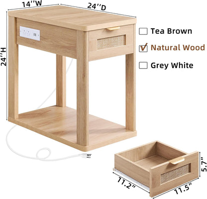 Narrow Side Table Set 2 with Charging Station, 24X14''Rattan Night Stand with Drawer Storage,Bedside End Table with Metel Handle for Small Spaces, Wood Boho Nightstand for Living Room Bedroom