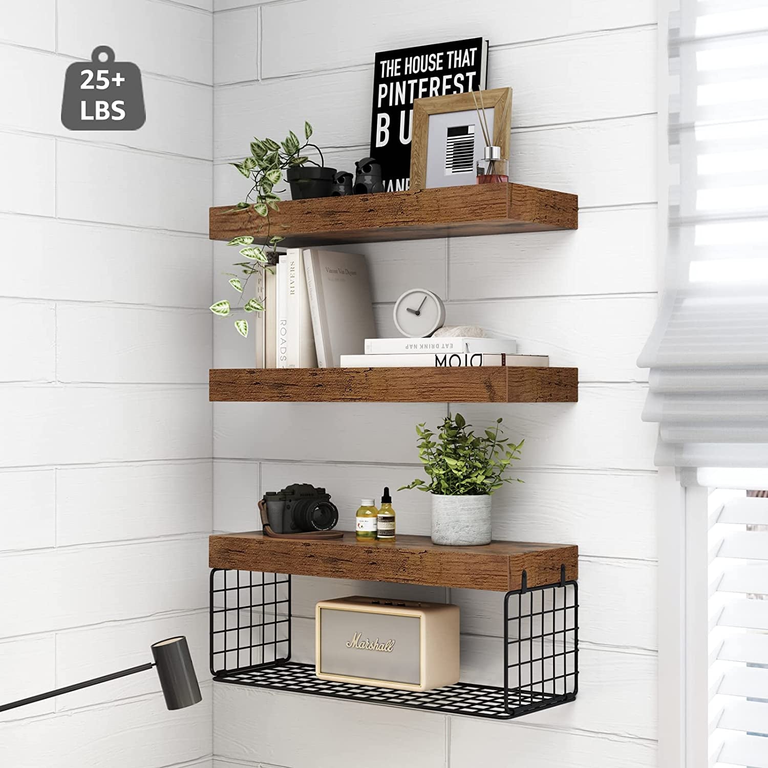 Bathroom Shelves over Toilet - Wall Mounted Floating Shelves Toilet Paper Storage Small Farmhouse Decor Shelf 16 Inch Set of 3, Rustic Brown (019-BN3)