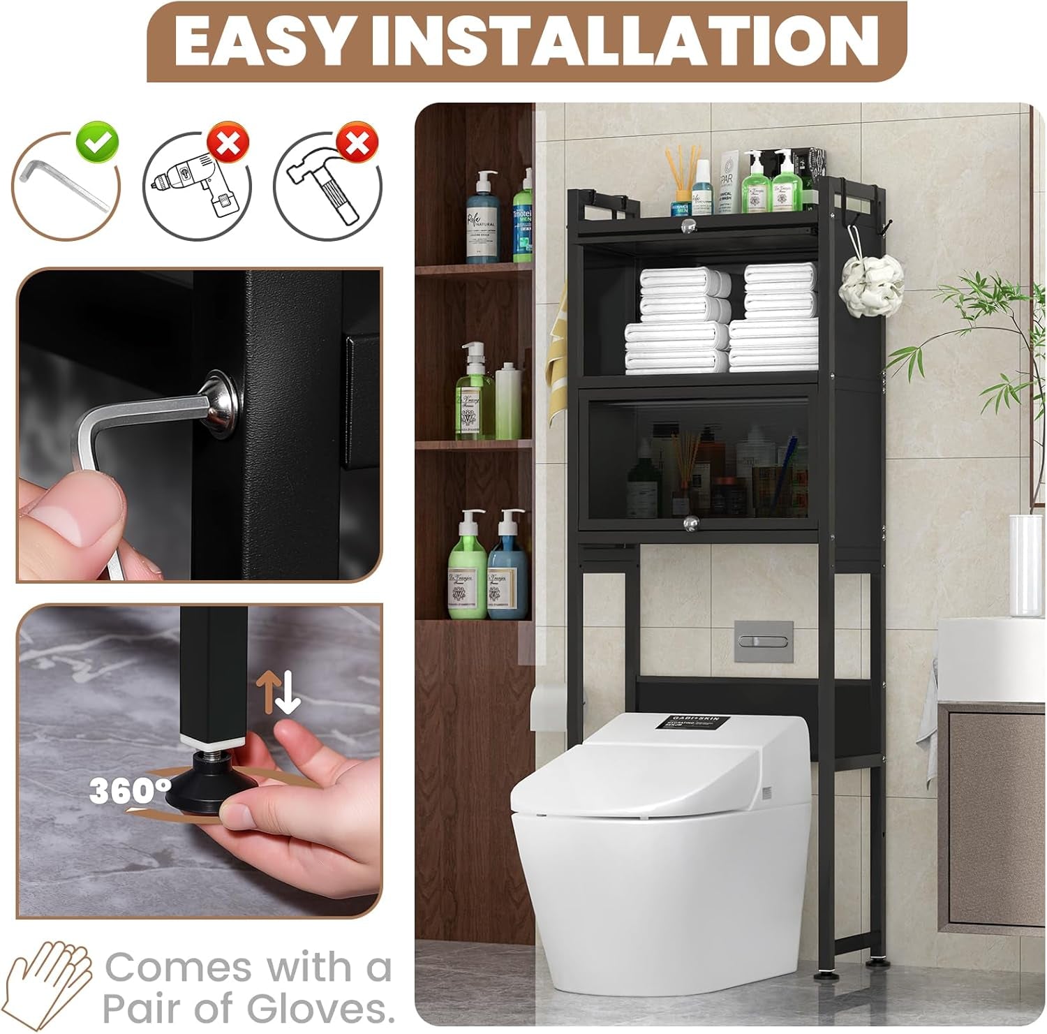 over the Toilet Storage Cabinet,3-Tier,Bathroom Toilet Organizer,Waterproof, Cabinet Door Design,Freestanding Space Saver with 4 Hooks for Bathroom,Black