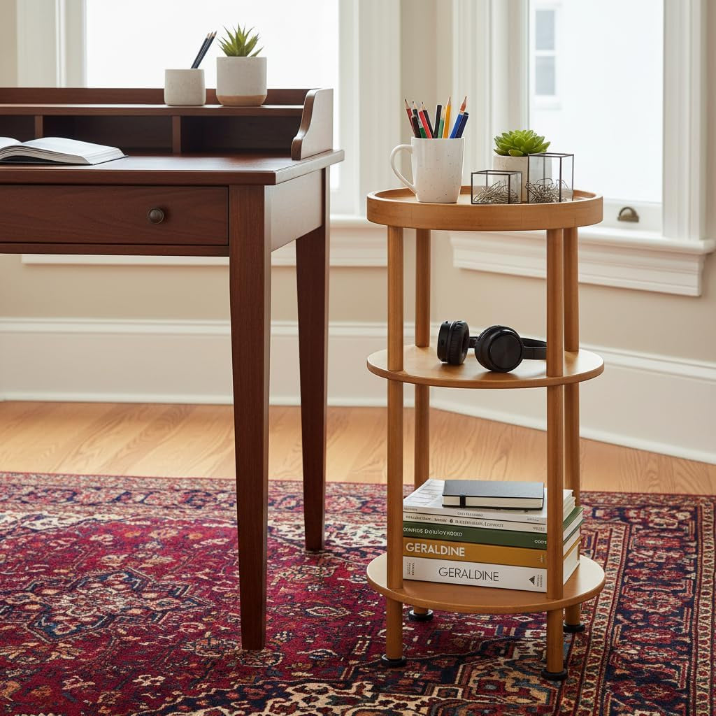 Bamboo Side Table, 3-Tier round End Table with Tray Top, Bathroom Storage Shelf & Plant Stand Indoor, Small Bedside Table Nightstand for Living Room, Bedroom-Brown