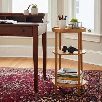 Bamboo Side Table, 3-Tier round End Table with Tray Top, Bathroom Storage Shelf & Plant Stand Indoor, Small Bedside Table Nightstand for Living Room, Bedroom-Brown