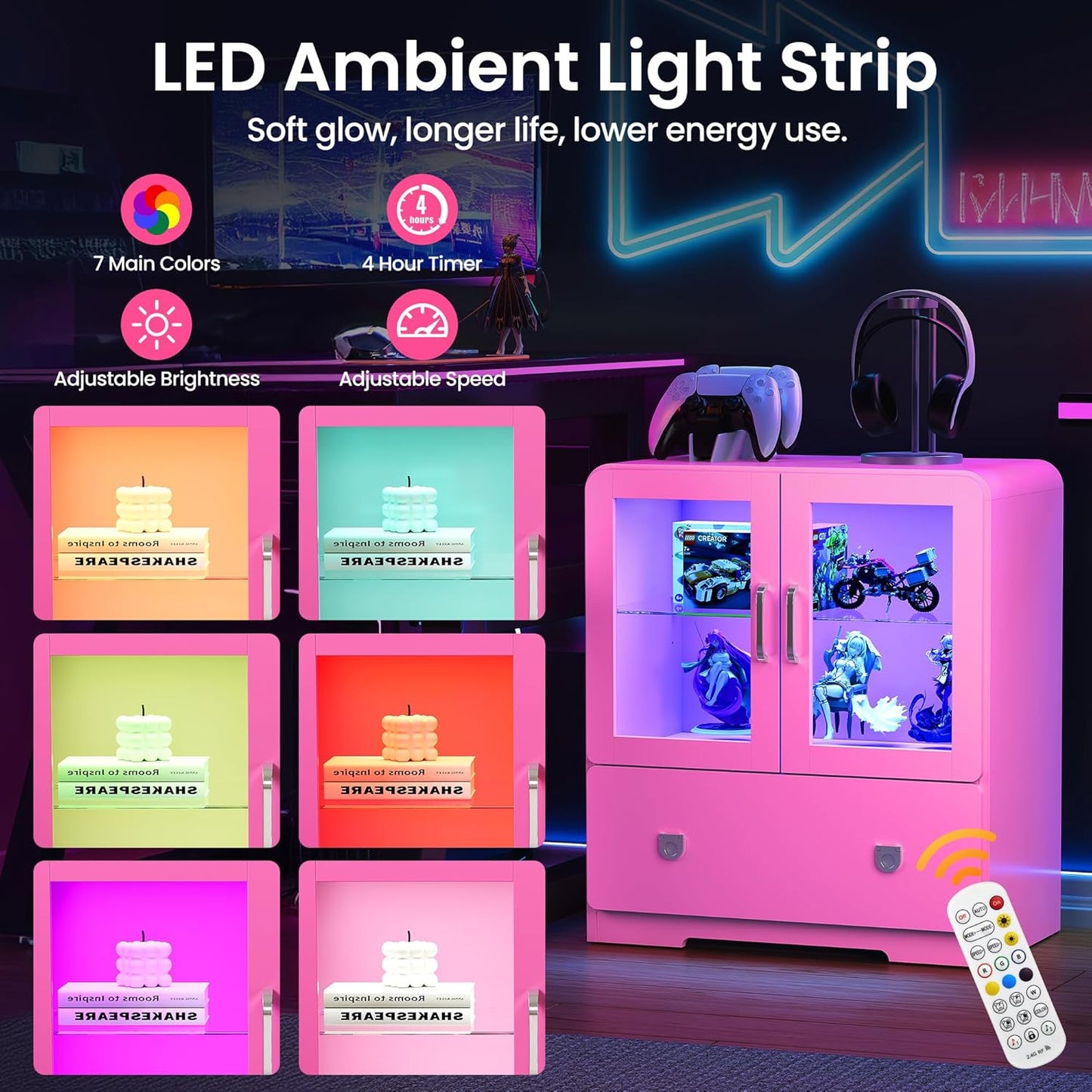 Pink Display Cabinet with Acrylic Doors, 27'' Tall Curio Cabinet with LED Lights, Modern Storage Cabinet with Drawers & Adjustable Shelves, Ideal for Living Room, Child'S Room