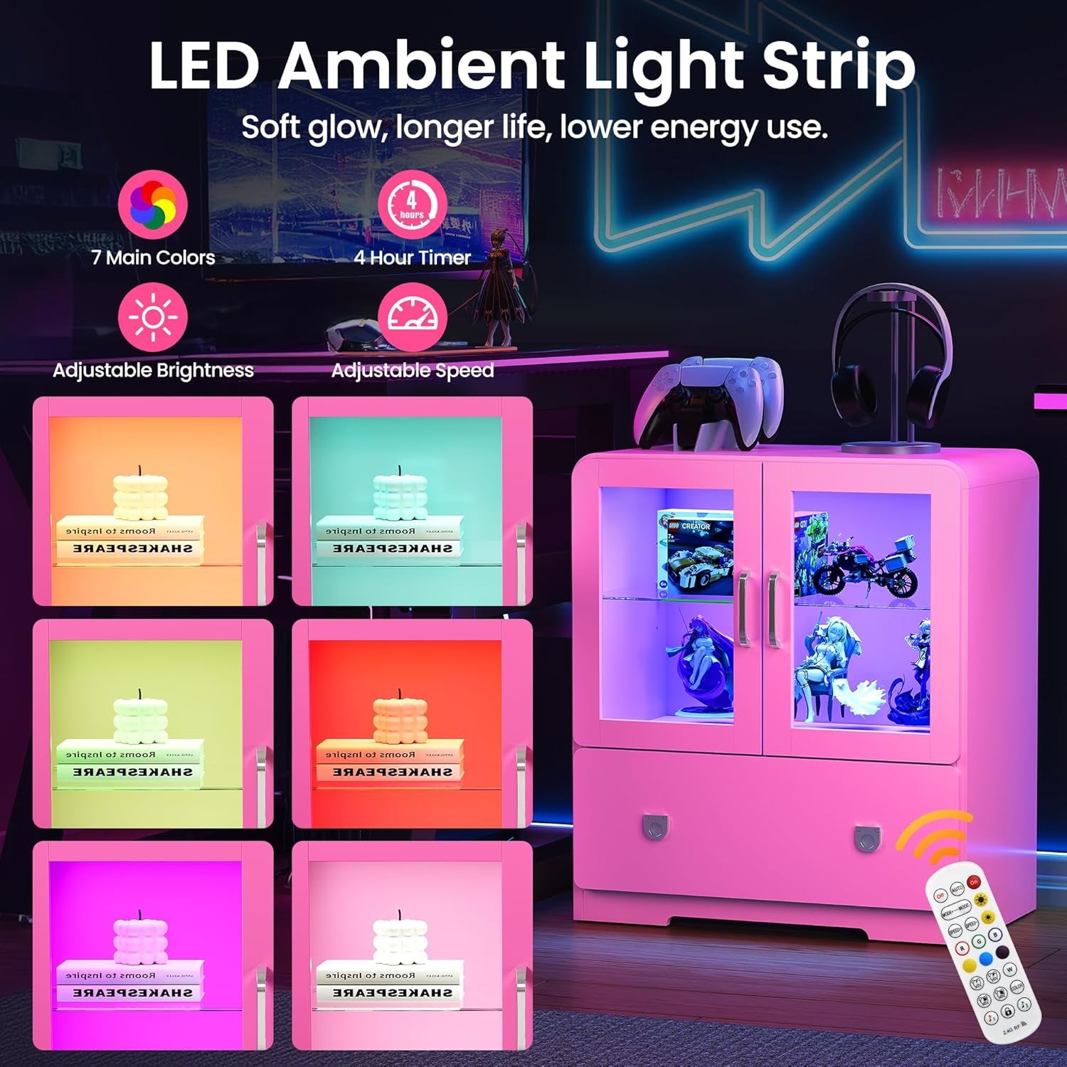 Pink Display Cabinet with Acrylic Doors, 27'' Tall Curio Cabinet with LED Lights, Modern Storage Cabinet with Drawers & Adjustable Shelves, Ideal for Living Room, Child'S Room