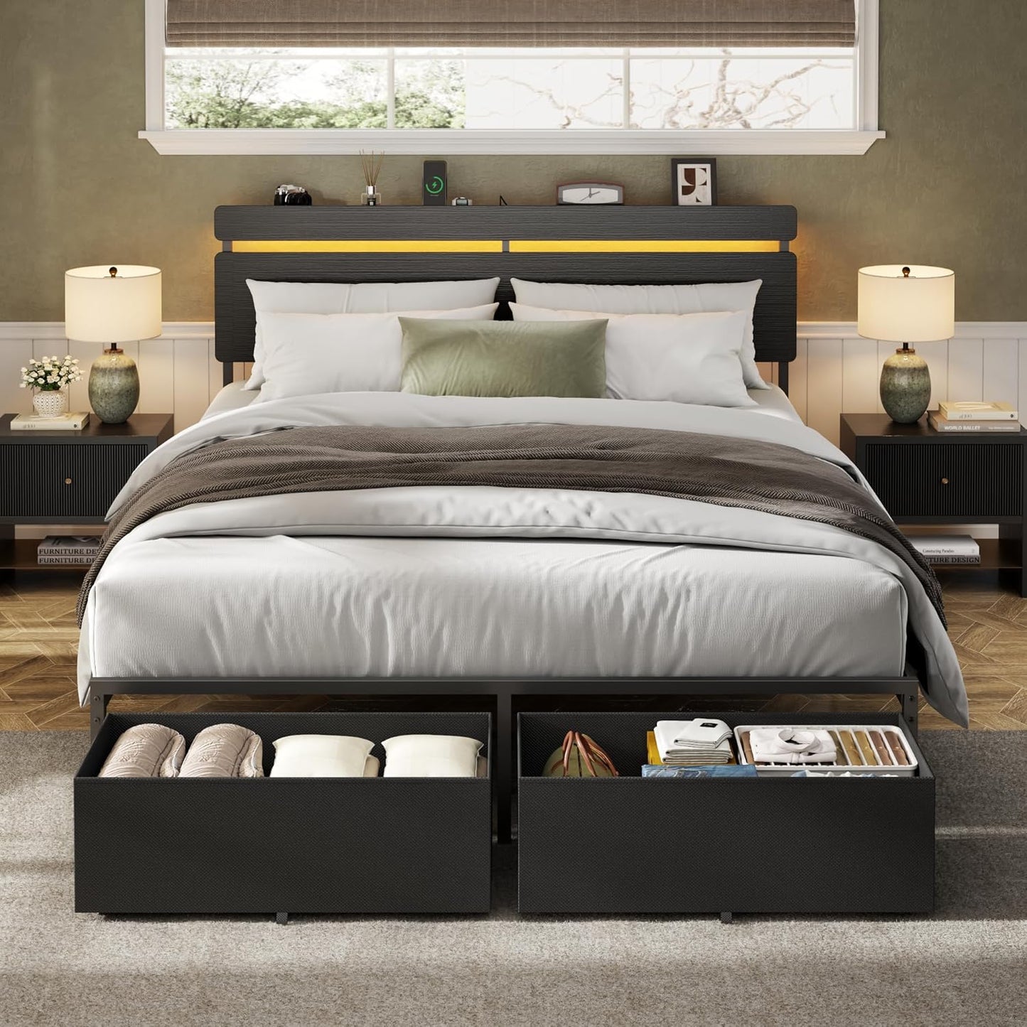 Queen Bed Frame with Wood Headboard, Black Platform Bed with 2 Storage Drawers & Shelf, Built-In Charging Station & LED Lights, Metal Support, No Box Spring Needed, Cama Queen Size