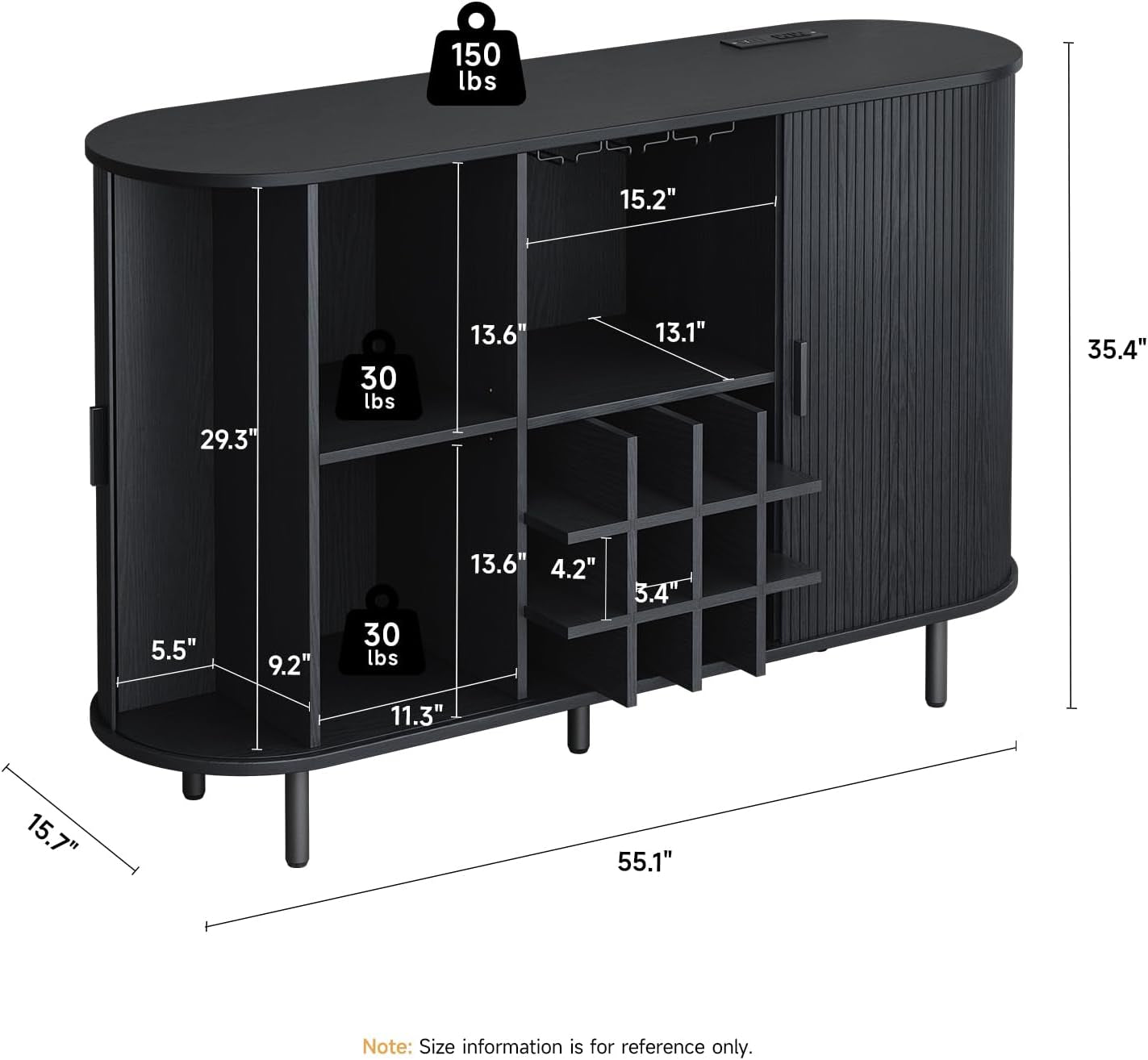55" Wine Bar Cabinet with LED Light,Modern Liquor Whiskey Coffee Station with Wine Rack and Glass Holder, Farmhouse Buffet Sideboard with Storage for Living Room, Kitchen, Entryway (Black)