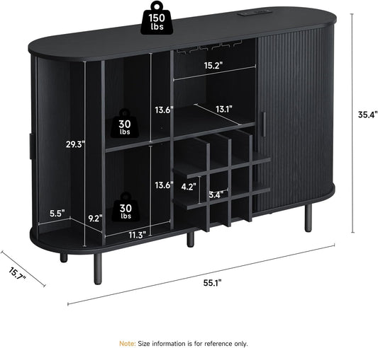 55" Wine Bar Cabinet with LED Light,Modern Liquor Whiskey Coffee Station with Wine Rack and Glass Holder, Farmhouse Buffet Sideboard with Storage for Living Room, Kitchen, Entryway (Black)