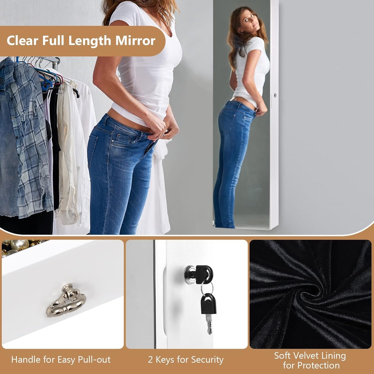 Wall Mounted Jewelry Armoire with Full Length Mirror & 2 LED Lights, Large Storage Capacity, Lockable Mirror Jewelry Cabinet for Women Girls (White)