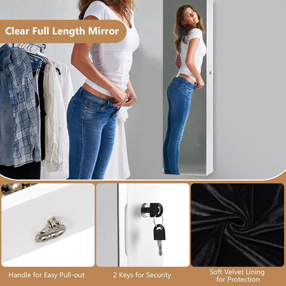 Wall Mounted Jewelry Armoire with Full Length Mirror & 2 LED Lights, Large Storage Capacity, Lockable Mirror Jewelry Cabinet for Women Girls (White)