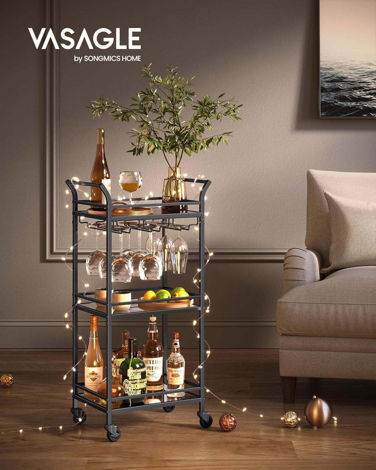 Bar Cart, Home Bar Serving Cart, Small Bar Serving Cart with 3-Tier Shelf, Wine Holders, Glass Holders, Mini Bar Cart for Small Spaces, Kitchen, Dining Room, Living Room, Ink Black