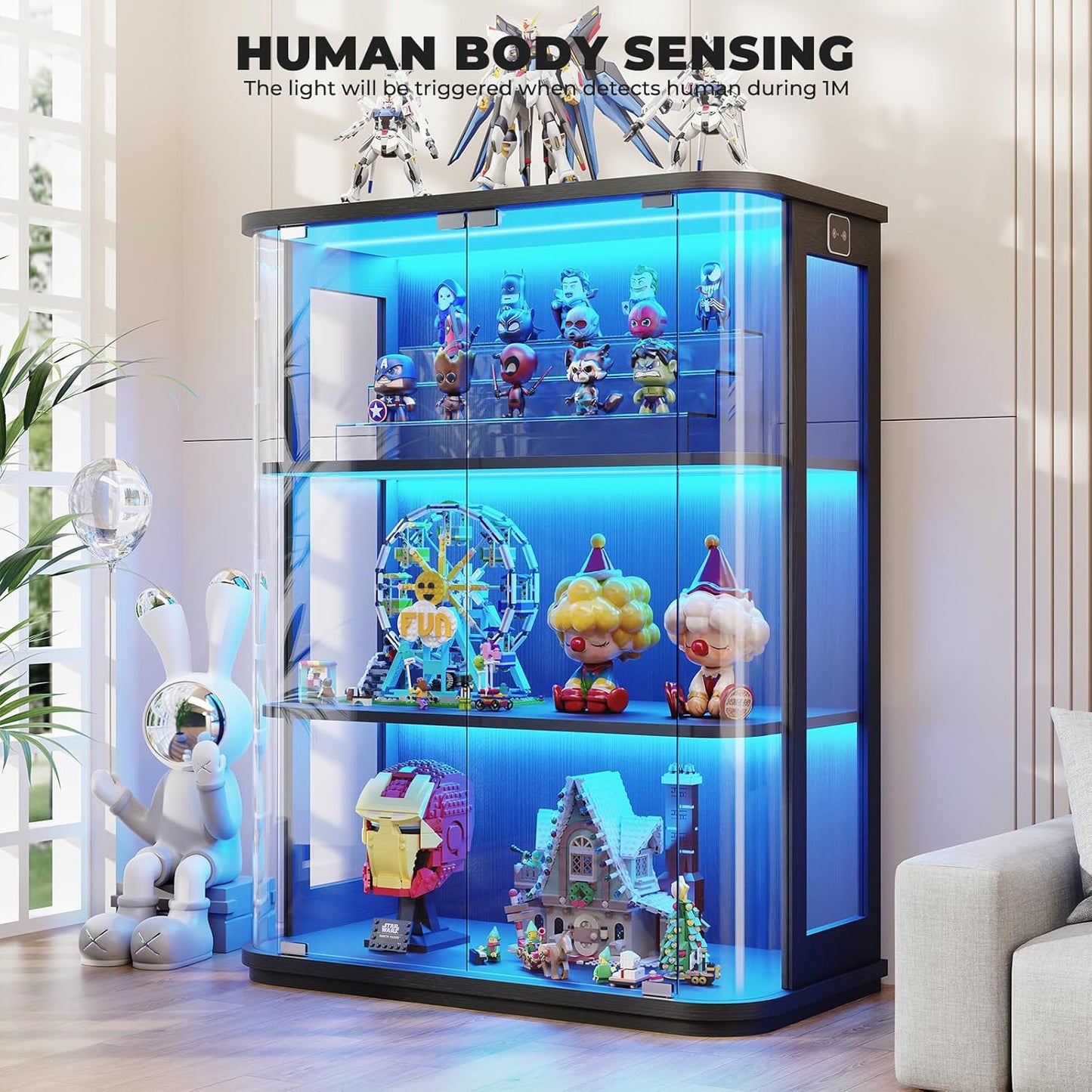 Rounded Display Cabinet with Glass Door, 3-Tier Curio Cabinet with 3 Color Lights for Collectibles, Glass Display Case with Transparent Full-Display Surface, Human Body Sensor, Black