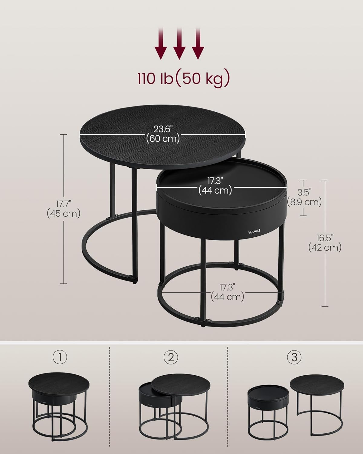 round Coffee Tables, Set of 2 Nesting Tables, Modern round Side Tables with Hidden Storage and Top Tray, for Living Room, Bedroom, Office, Ebony Black and Ink Black ULCT044B56