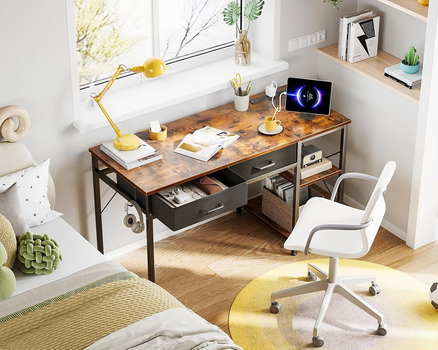 Small Computer Desk with Drawers, 40 Inch Reversible Home Office Desk with Power Outlet, Study Laptop Vanity Table with Storage Shelves for Bedroom Small Space, Rustic Brown