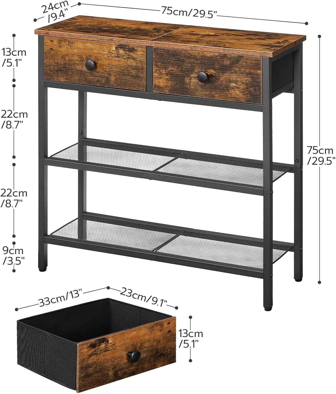 29.5" Narrow Console Table with 2 Fabric Drawers, Sofa Table, Small Entryway Table with 3-Tier Storage Shelves, behind Couch Table, for Living Room, Hallway, Rustic Brown and Black BF72XG01