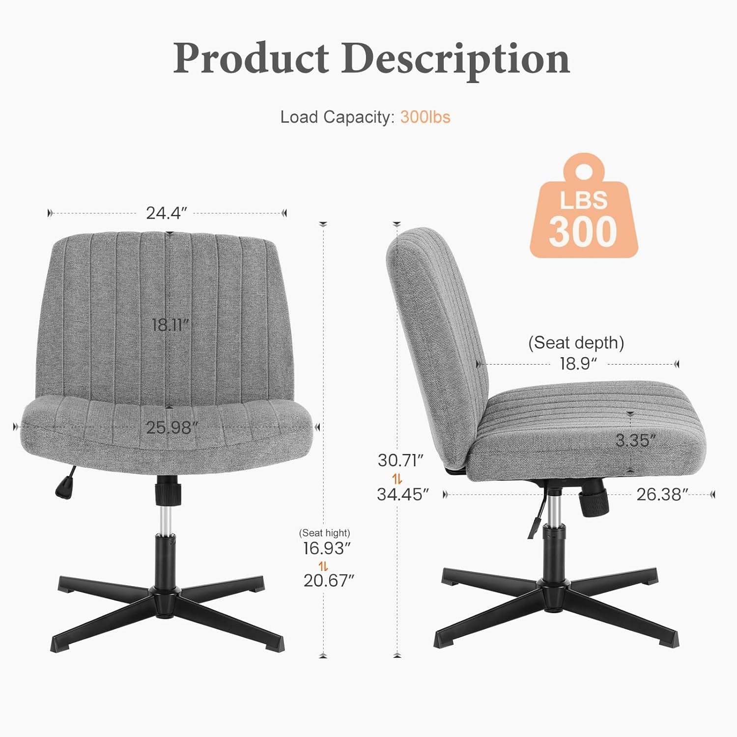 Criss Cross Chair Legged, Armless Office Wide Desk Chair No Wheels, Swivel Vanity Height Adjustable Fabric Modern Computer Task Seating for Home - Grey