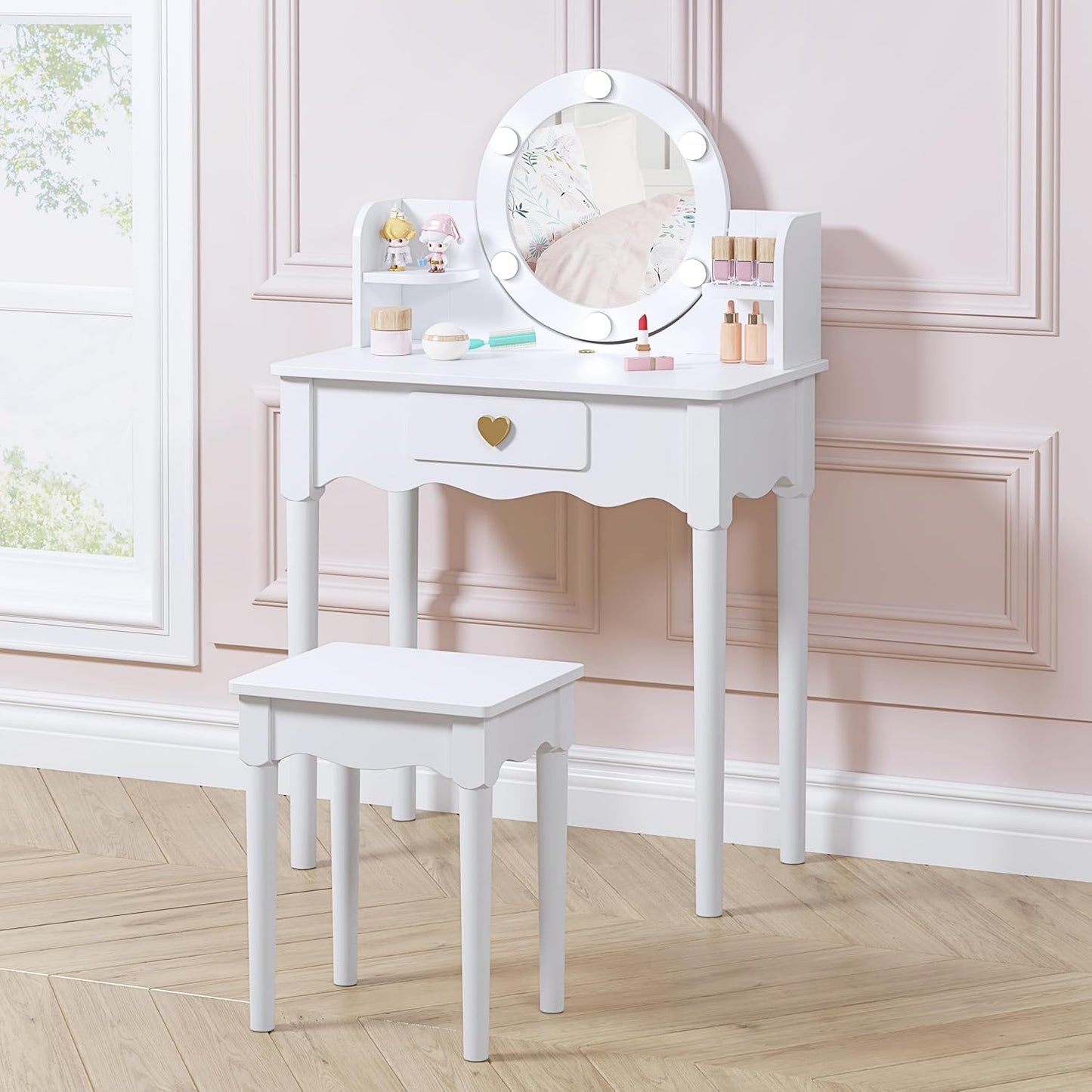 Kids Vanity, Girls Vanity Set with Mirror and Stool and Lights, Pretend Play Kids Vanity Table and Chair Set,Wooden Princess Makeup Desk Dressing Table, White