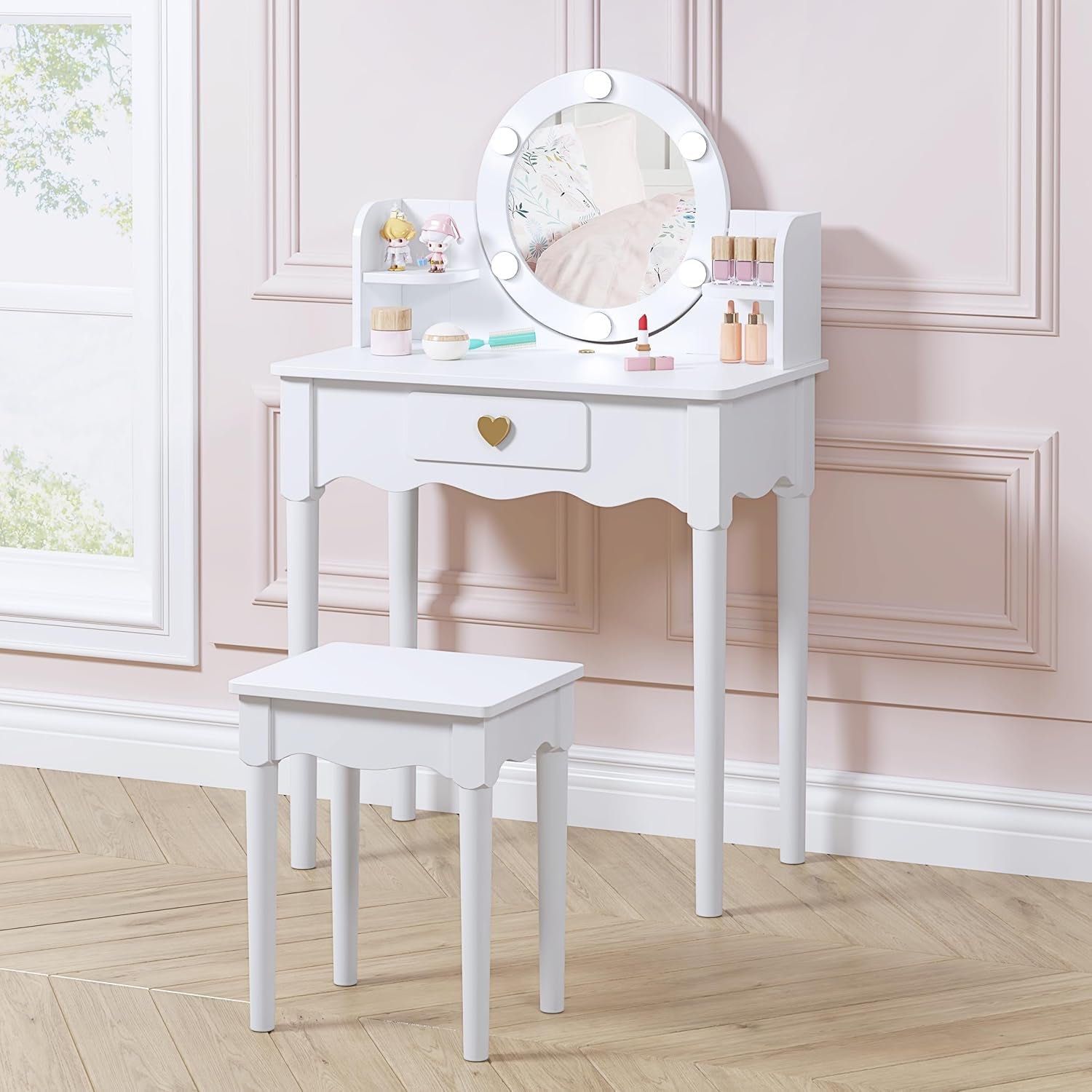 Kids Vanity, Girls Vanity Set with Mirror and Stool and Lights, Pretend Play Kids Vanity Table and Chair Set,Wooden Princess Makeup Desk Dressing Table, White