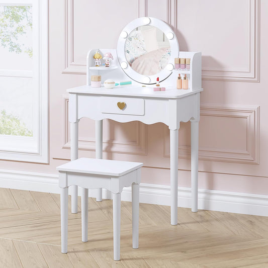 Kids Vanity, Girls Vanity Set with Mirror and Stool and Lights, Pretend Play Kids Vanity Table and Chair Set,Wooden Princess Makeup Desk Dressing Table, White