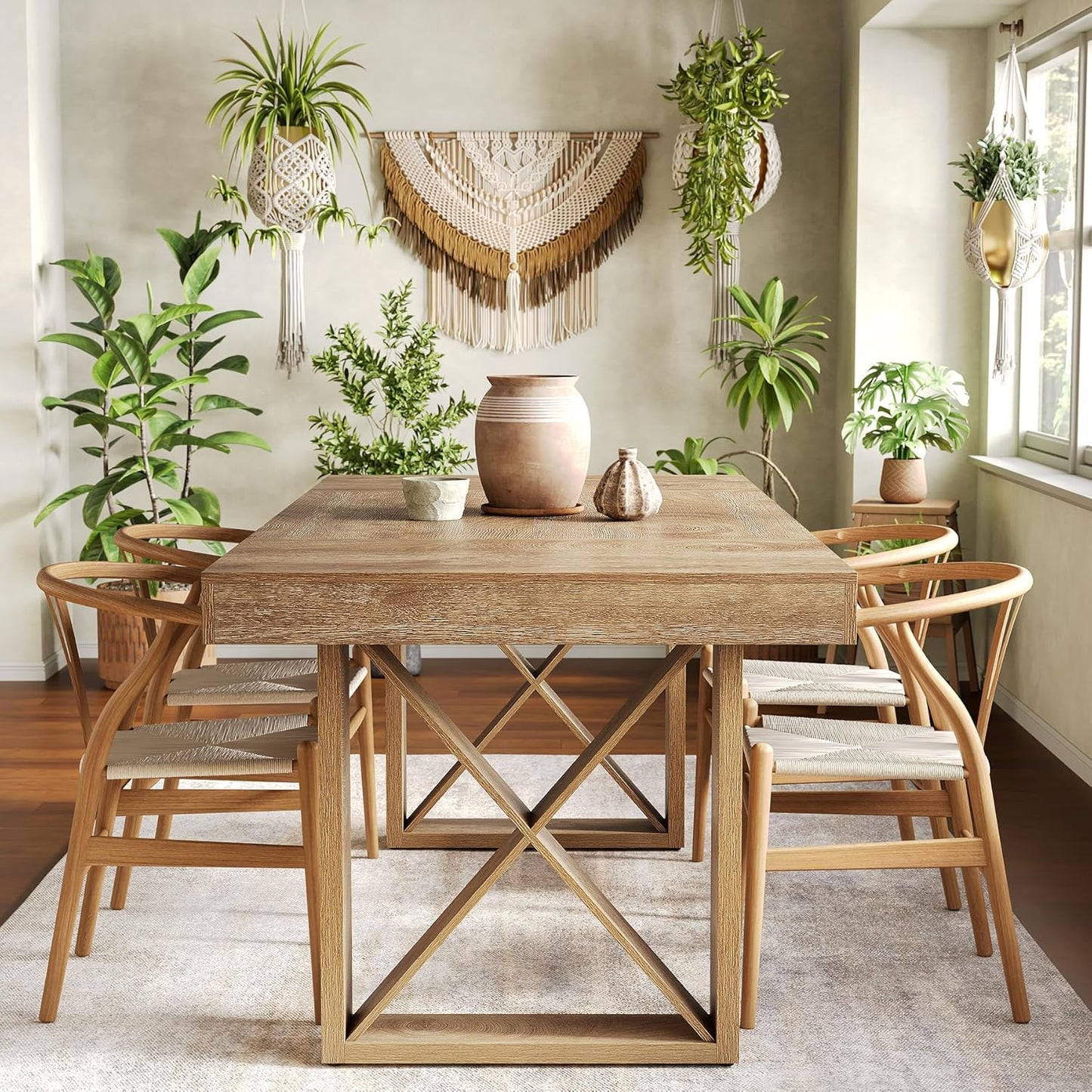 63-Inch Rectangle Dining Table for 4-6 People, Farmhouse Thick Appearance Design, Rectangular Kitchen Dinner Table for Home, Rustic Yellowish Brown