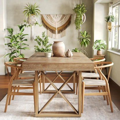 63-Inch Rectangle Dining Table for 4-6 People, Farmhouse Thick Appearance Design, Rectangular Kitchen Dinner Table for Home, Rustic Yellowish Brown