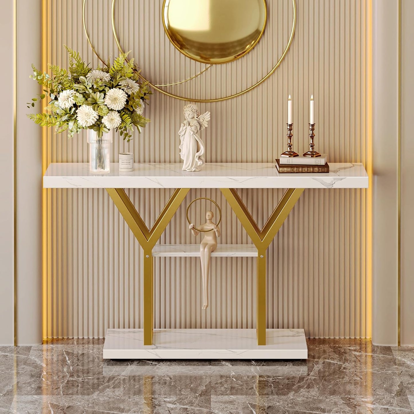 47.2 Inch Entryway Table with Marble Top, Industrial Console Sofa Table, 3 Tier Accent Table, for Entry, Hallway, Entrance, Foyer, Y-Shaped Metal Base, White Marble & Gold