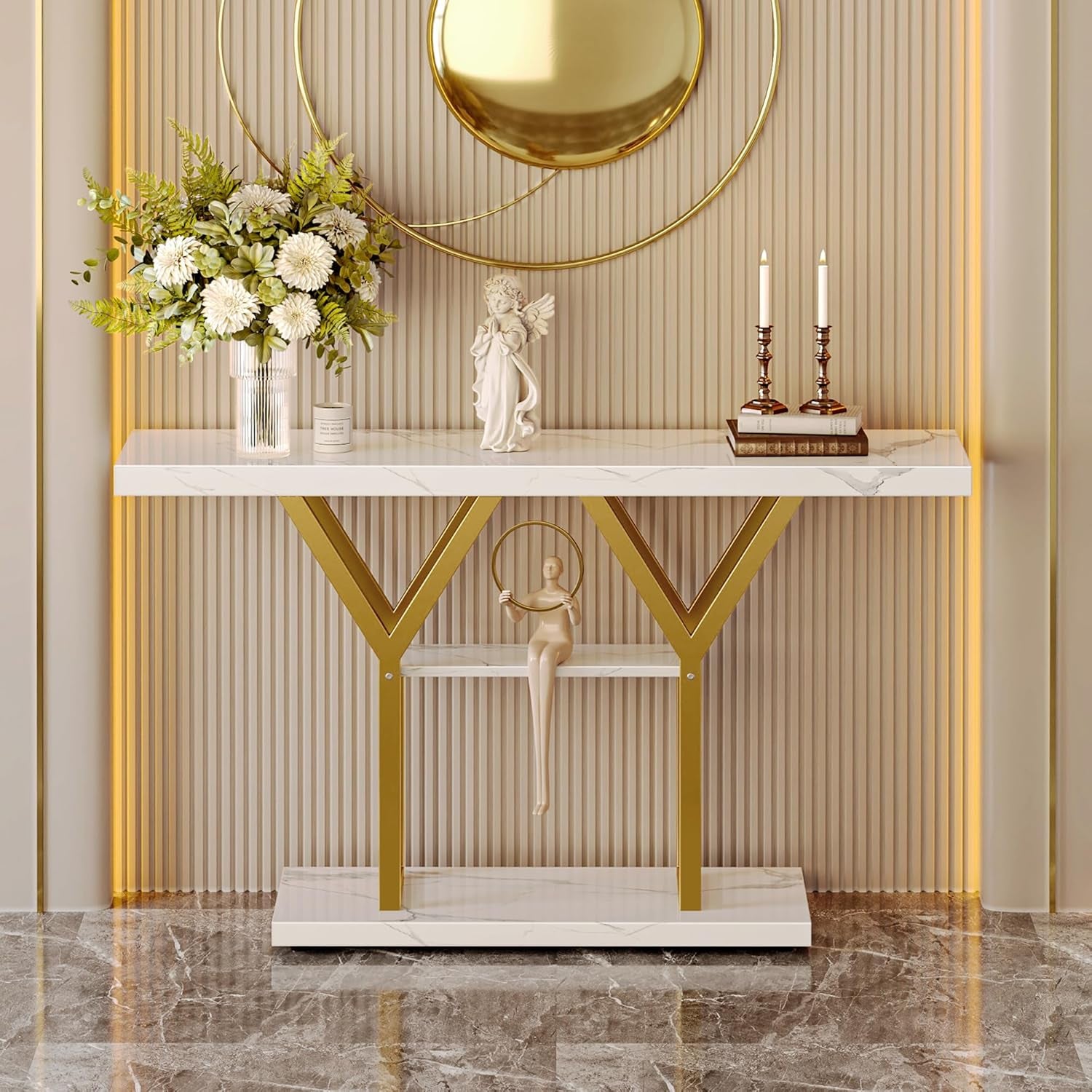 47.2 Inch Entryway Table with Marble Top, Industrial Console Sofa Table, 3 Tier Accent Table, for Entry, Hallway, Entrance, Foyer, Y-Shaped Metal Base, White Marble & Gold
