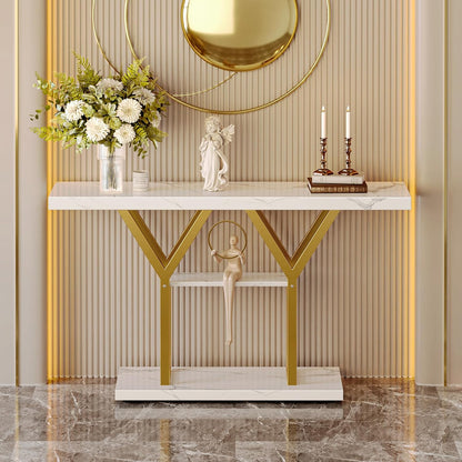 47.2 Inch Entryway Table with Marble Top, Industrial Console Sofa Table, 3 Tier Accent Table, for Entry, Hallway, Entrance, Foyer, Y-Shaped Metal Base, White Marble & Gold