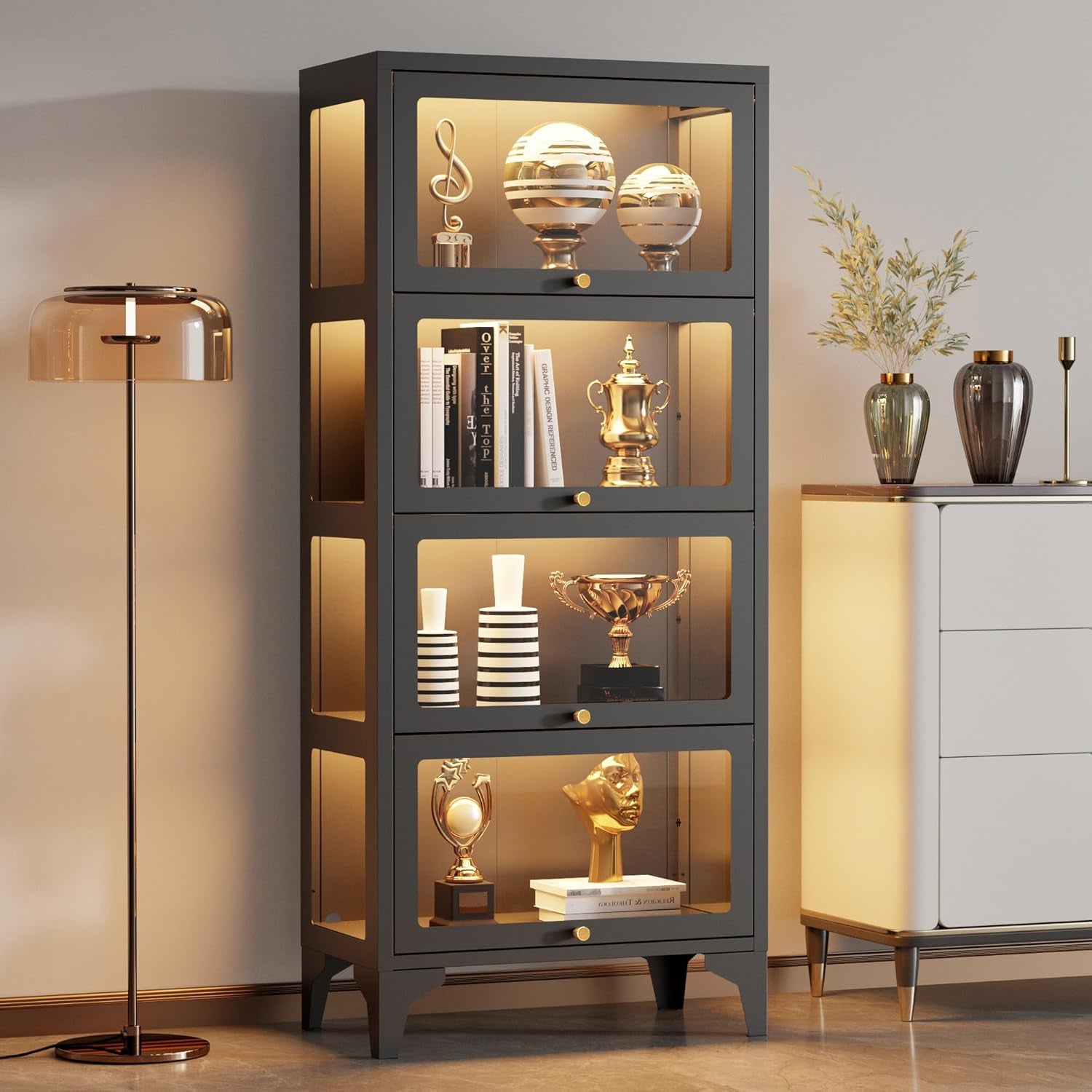 4 Tier Glass Display Cabinet with Flip-Up Doors, 55" Curio Cabinet with 13-Color LED Lights, 3-Side Tempered Glass Display Case for Books, Collectibles, Figures, Black