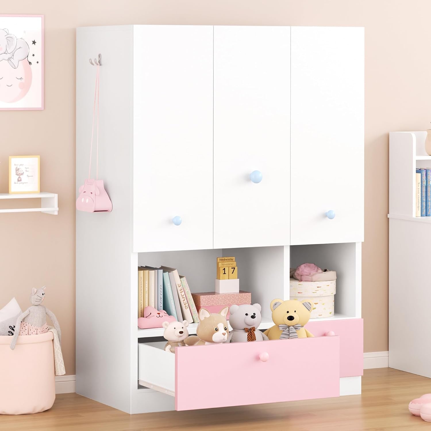 White Armoire Wardrobe Closet with Adjustable Storage Shelves and Drawers, Freestanding Wooden Wardrobe Cabinet Closet, Kids Bedroom Armoire with 3 Doors, Hanging Rod, Toy Storage for Kids' Room, Dorm