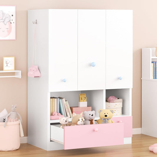 White Armoire Wardrobe Closet with Adjustable Storage Shelves and Drawers, Freestanding Wooden Wardrobe Cabinet Closet, Kids Bedroom Armoire with 3 Doors, Hanging Rod, Toy Storage for Kids' Room, Dorm