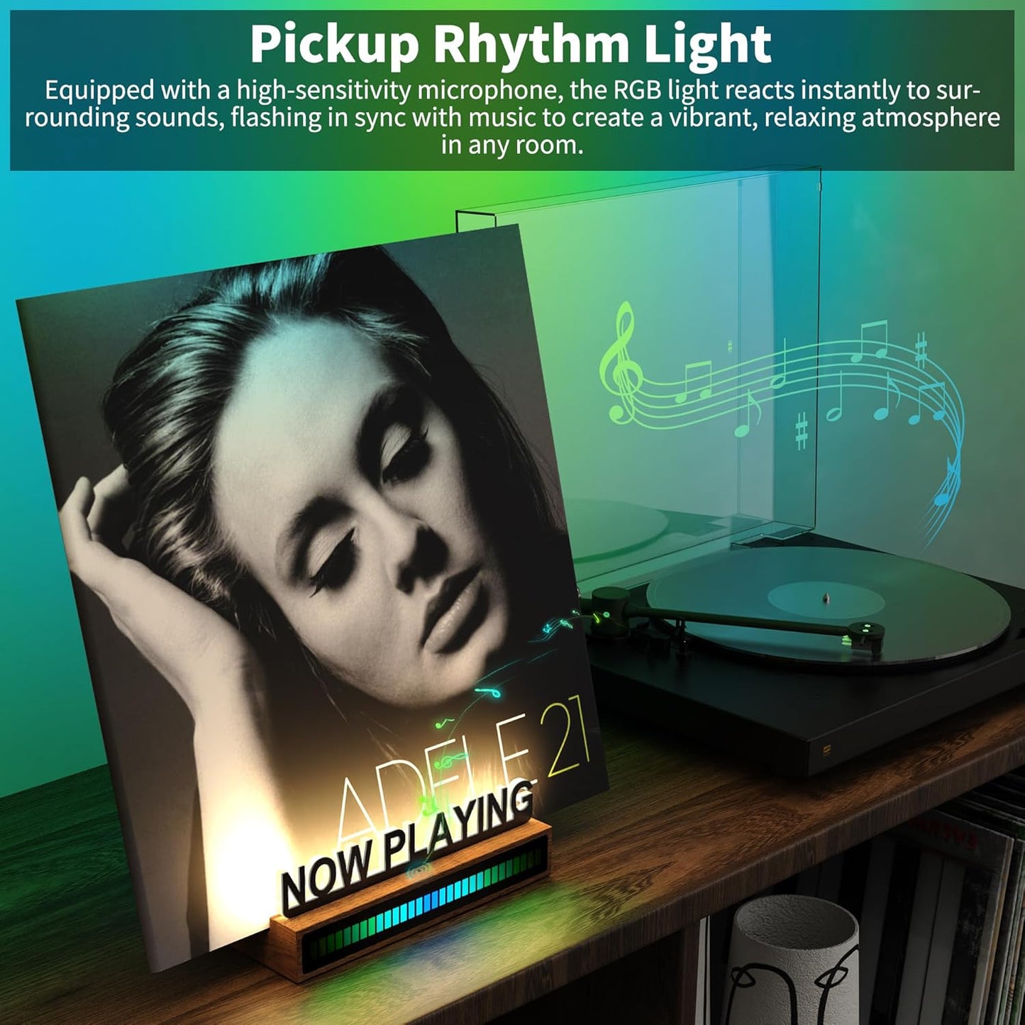 Now Playing Vinyl Record Stand, Light up Vinyl Record Display Stand with RGB Sound Control Pickup Rhythm Lights Bar, Warm White Light with Fingerprint-Proof Acrylic Letters