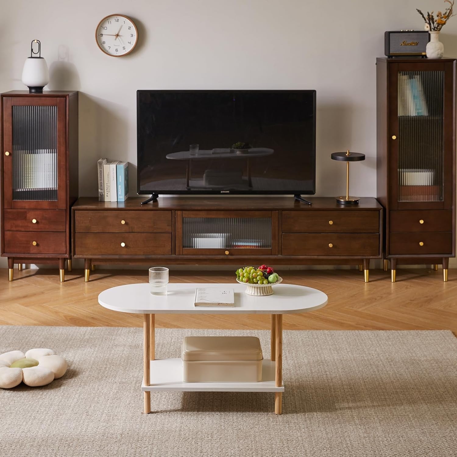 Oval Coffee Table White, Small Wooden Coffee Table for Small Space, Tea Table Stand 35 * 16 * 17 Inches, 2 Tier Center Table for Living Room White YD-012W