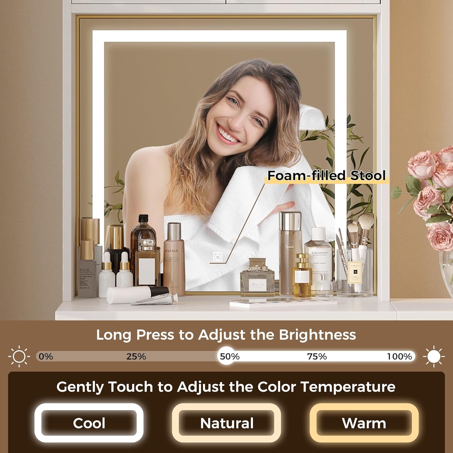 Small Vanity Desk with Mirror and Lights, White Compact Makeup Vanity with Chair and Fold-Up Panel for Small Spaces, Skinny Rattan Dressing Table Set, Dimmable 3-Color, Space Saving, Girls