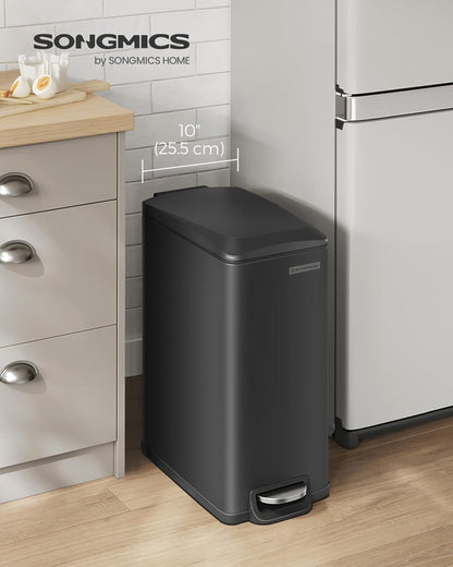 Slim Trash Can, 13-Gallon (50 L) Garbage Can for Narrow Spaces with Soft-Close Lid, Inner Bucket, and Step-On Pedal, Stainless Steel, 15 Trash Bags Included, Black ULTB510B48