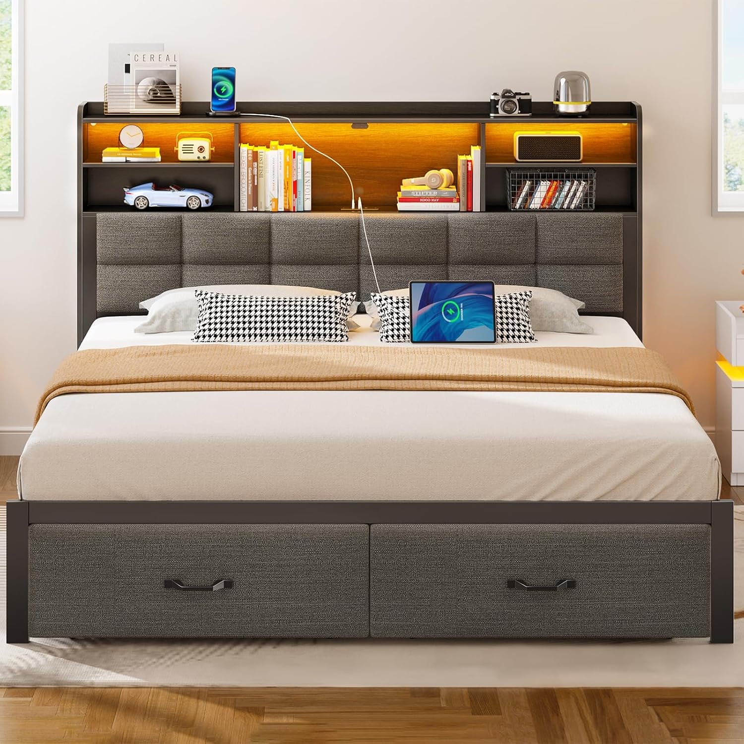 Bed Frame Full Size with Drawers and Charging Station, Upholstered Platform Bed with Storage Headboard and LED Light, Heavy Duty Metal Frame Support, No Box Spring Needed, Noise Free, Grey