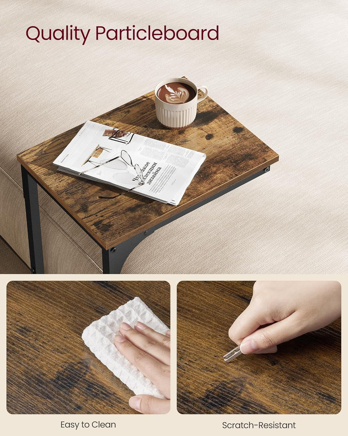 C-Shaped End Table, Small Side Table for Couch, Sofa Table with Metal Frame for Living Room, Bedroom, Bedside, Rustic Brown and Black