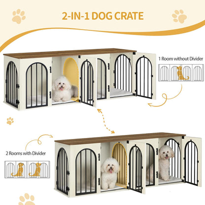 88.4" Dog Crate Furniture for 2 Dogs, Heavy Duty Indoor Dog Kennel TV Stand, XXL Wooden Dog Cage with Divider for Medium Large Dogs, End Table Dog Crate with Cushion, Greige Black DFC84005BV1