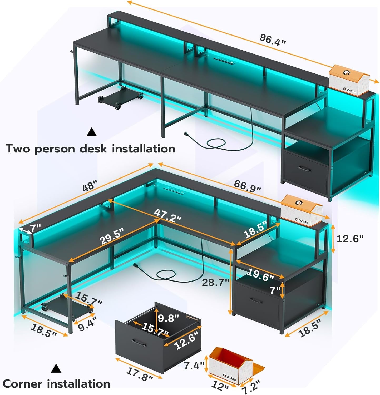 L Shaped Gaming Desk, 66" Home Office Desk with Wood File Drawer & Power Outlet, Corner Gaming Computer Desk with Led Lights, Monitor Shelf and Printer Storage Shelves, Two Person Desk, Black