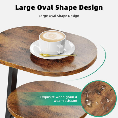 Side Table, Small End Table with Metal Frame, 3-Tier Bedside Tables, round Side Tables for Living Room Bedroom Couch Bathroom, Oval, Vintage Brown